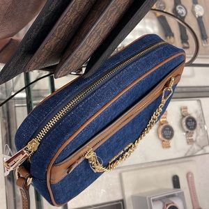 Michael Kors Jet Set Large East West Indigo Denim Zip Chain Crossbody